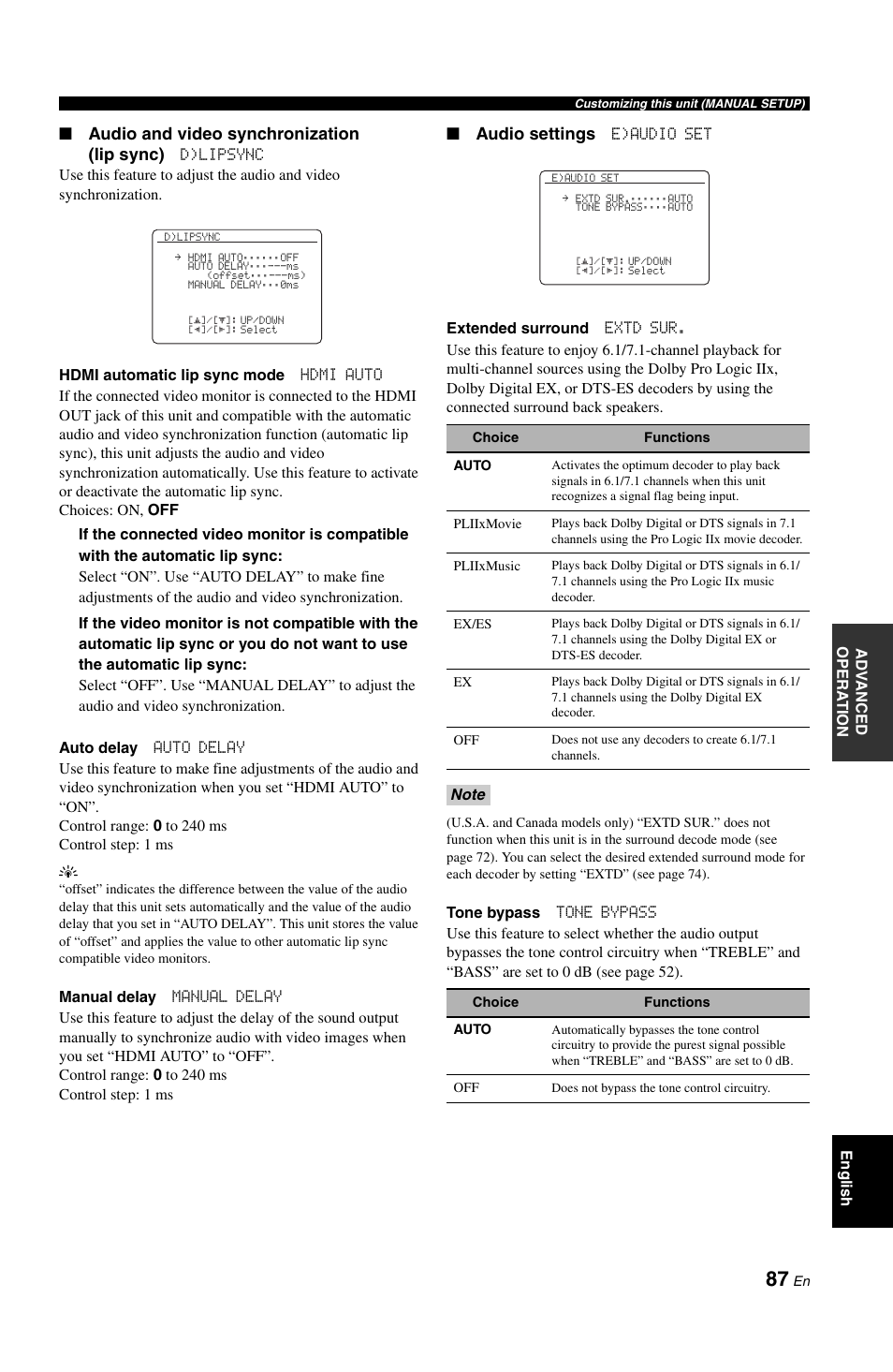 P. 87, Audio and video synchronization (lip sync), Audio settings | Yamaha RX-V1800 User Manual | Page 91 / 157