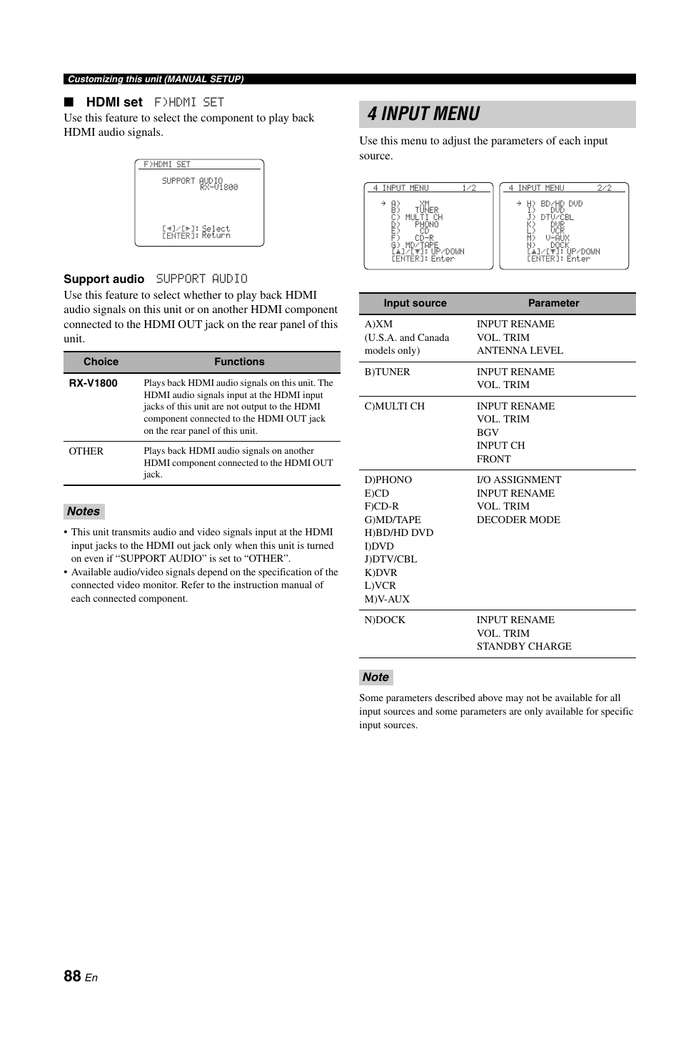 4 input menu, Hdmi set | Yamaha RX-V1800 User Manual | Page 92 / 157