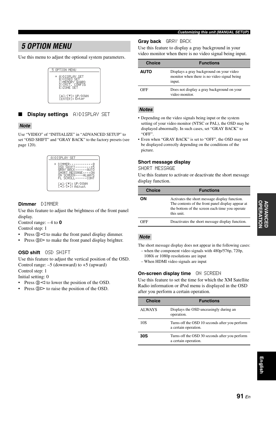 5 option menu, P. 91, Display settings | Yamaha RX-V1800 User Manual | Page 95 / 157