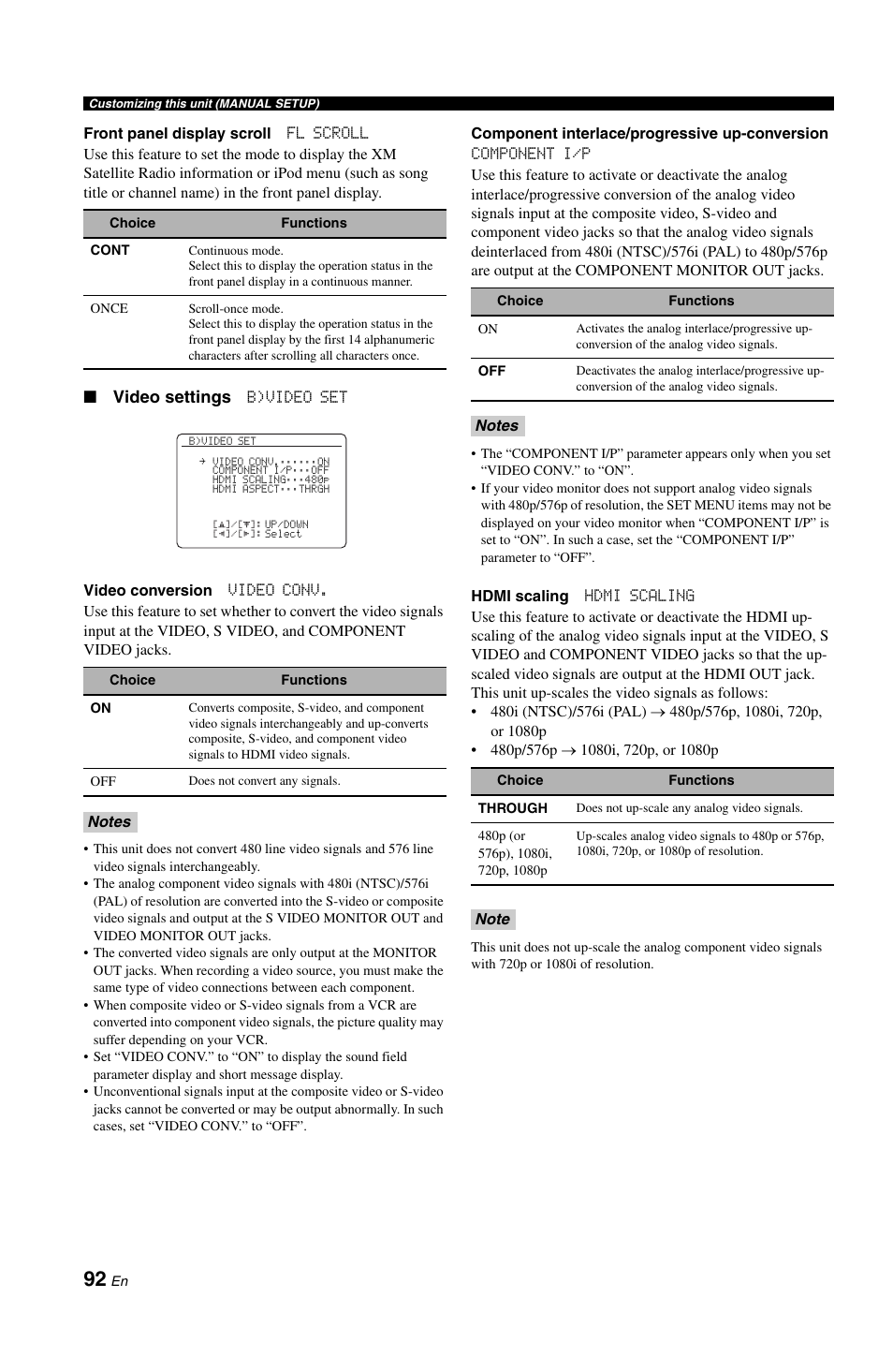 P. 92, Video settings | Yamaha RX-V1800 User Manual | Page 96 / 157