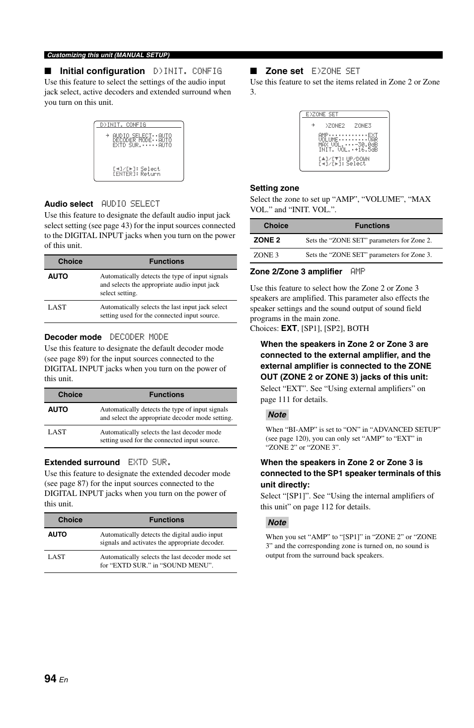 P. 94, Initial configuration, Zone set | Yamaha RX-V1800 User Manual | Page 98 / 157