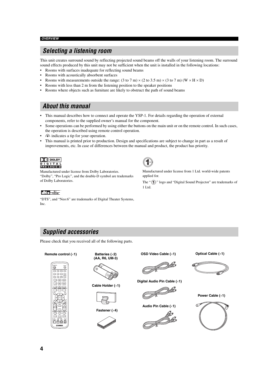 Selecting a listening room, About this manual, Supplied accessories | Yamaha YSP-1 User Manual | Page 10 / 70