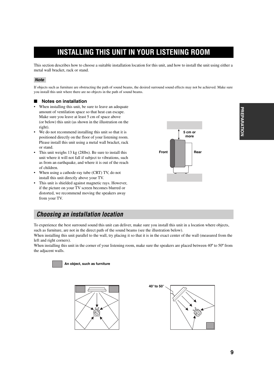 Installing this unit in your listening room, Choosing an installation location | Yamaha YSP-1 User Manual | Page 15 / 70