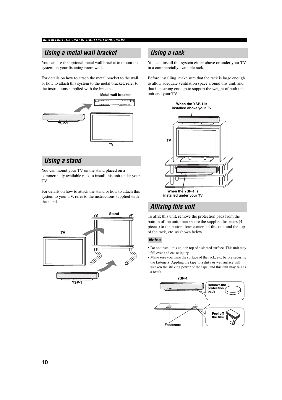 Using a metal wall bracket, Using a stand, Using a rack | Affixing this unit, Using a metal wall bracket using a stand, Using a rack affixing this unit | Yamaha YSP-1 User Manual | Page 16 / 70