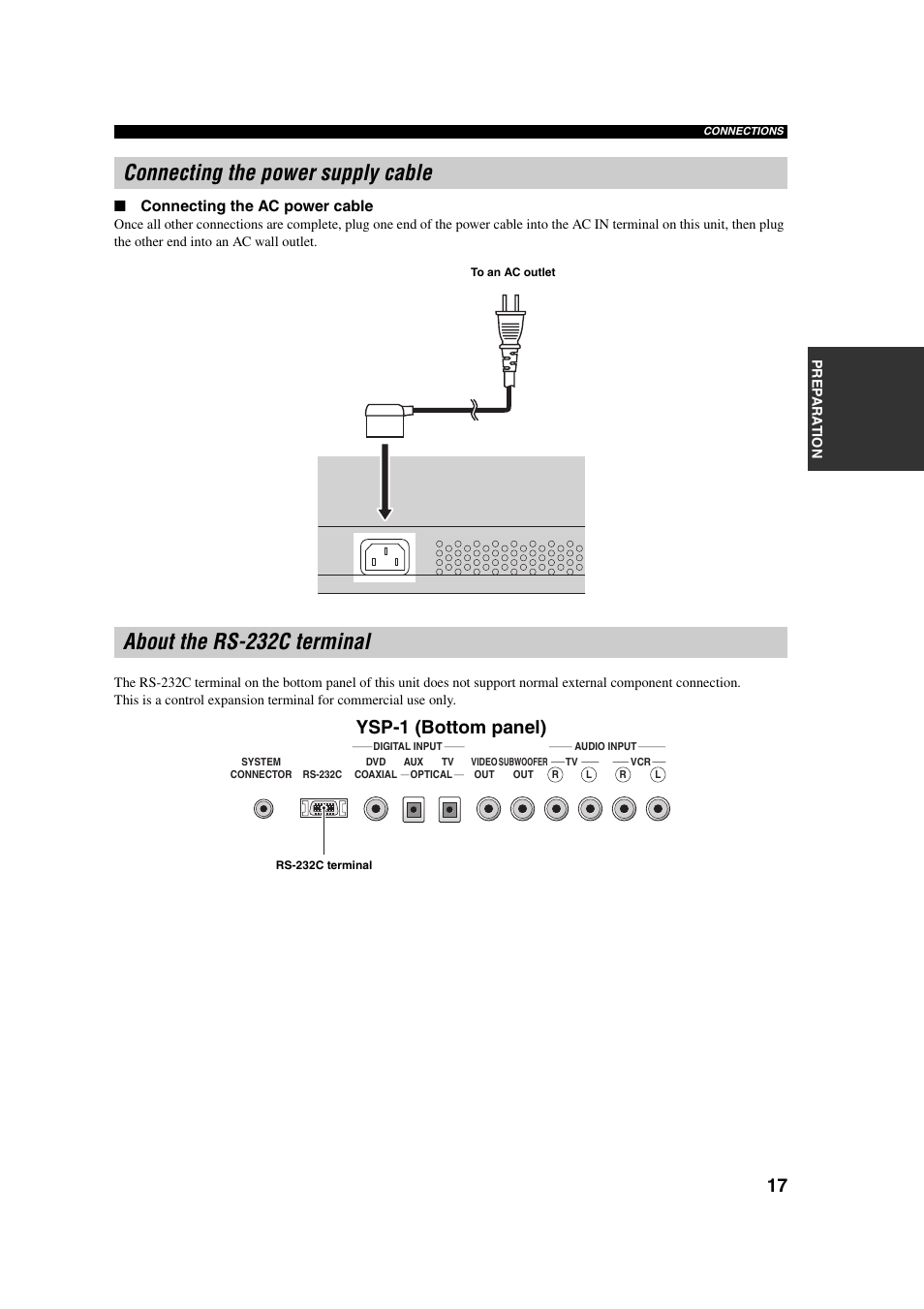 Connecting the power supply cable, About the rs-232c terminal, Ysp-1 (bottom panel) | Yamaha YSP-1 User Manual | Page 23 / 70