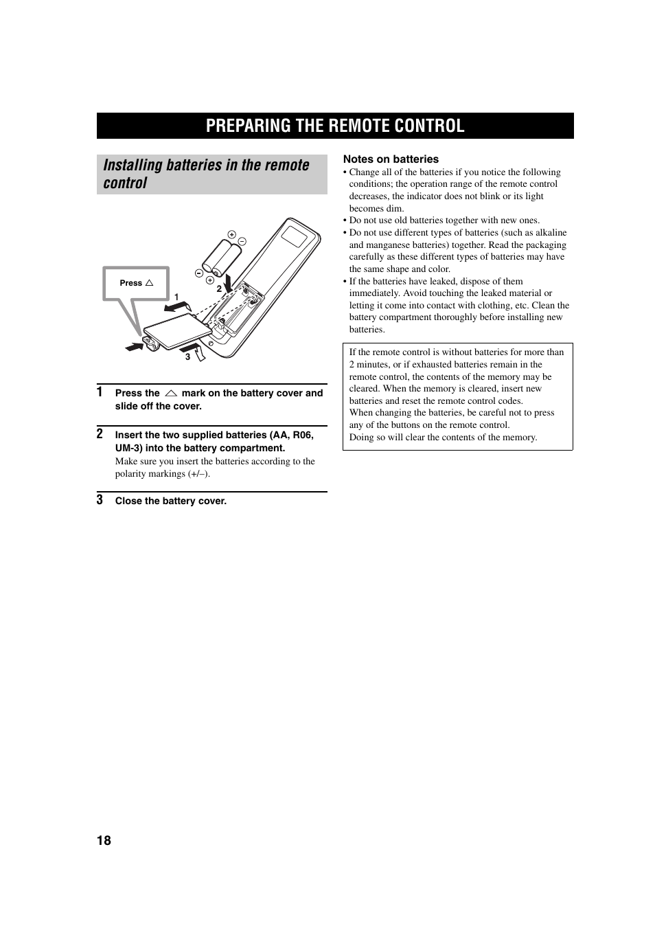 Preparing the remote control, Installing batteries in the remote control | Yamaha YSP-1 User Manual | Page 24 / 70