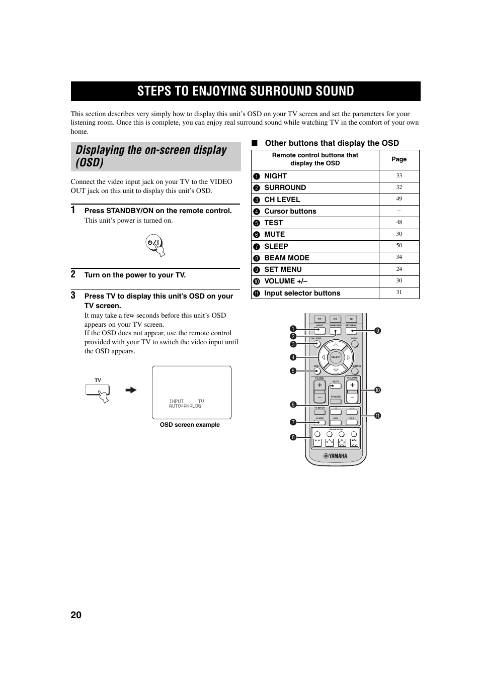 Steps to enjoying surround sound, Displaying the on-screen display (osd) | Yamaha YSP-1 User Manual | Page 26 / 70