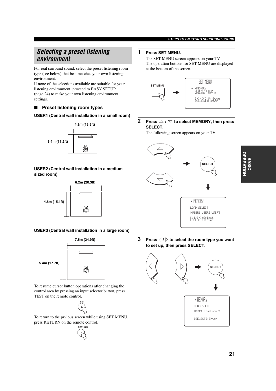 Selecting a preset listening environment, Set menu | Yamaha YSP-1 User Manual | Page 27 / 70