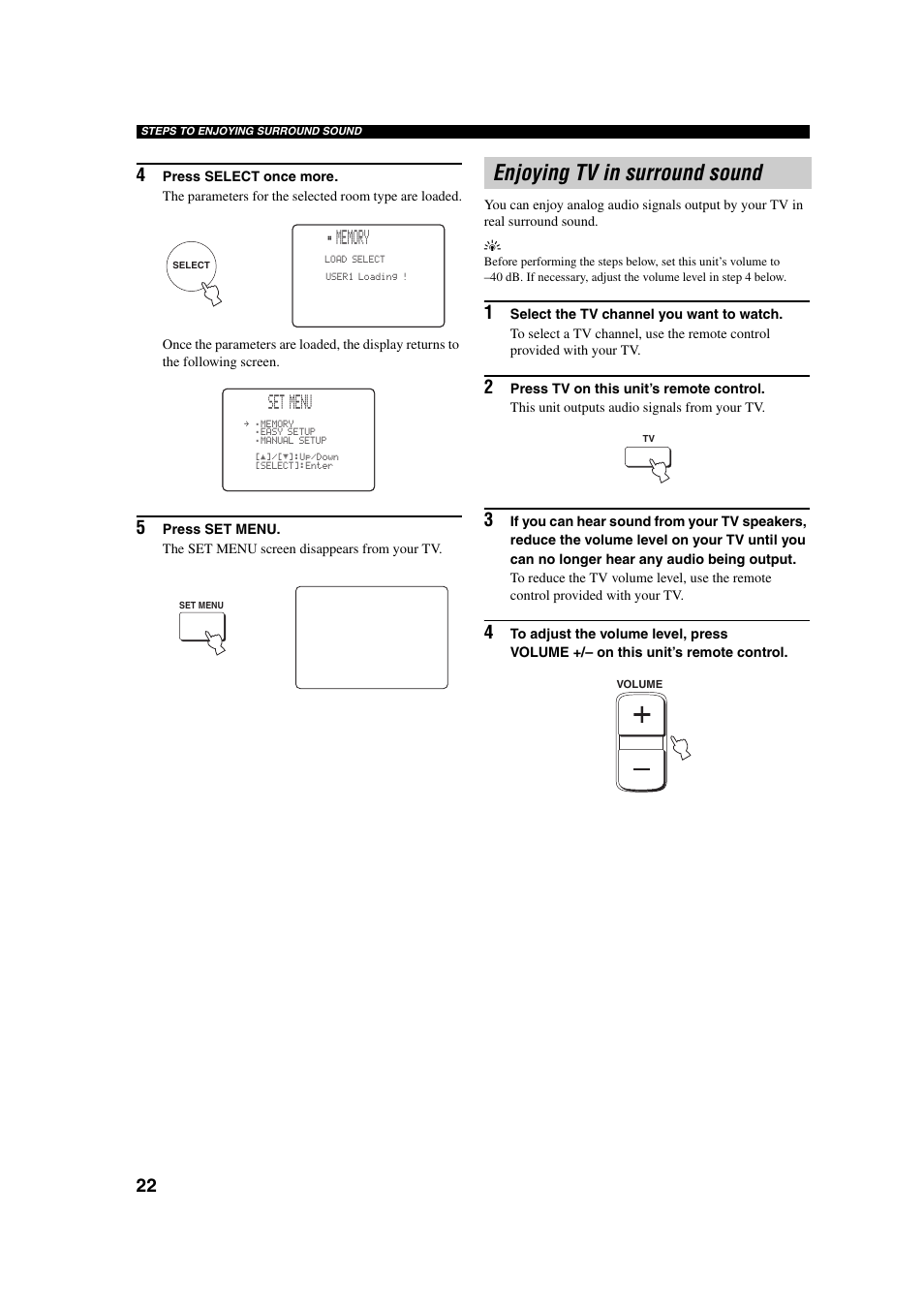 Enjoying tv in surround sound, Set menu | Yamaha YSP-1 User Manual | Page 28 / 70