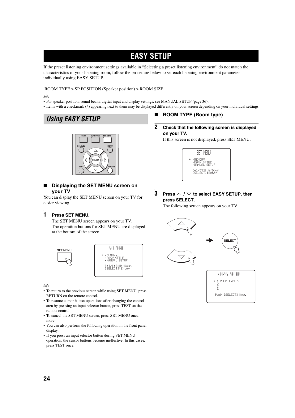 Easy setup, Using easy setup, Set menu | Yamaha YSP-1 User Manual | Page 30 / 70