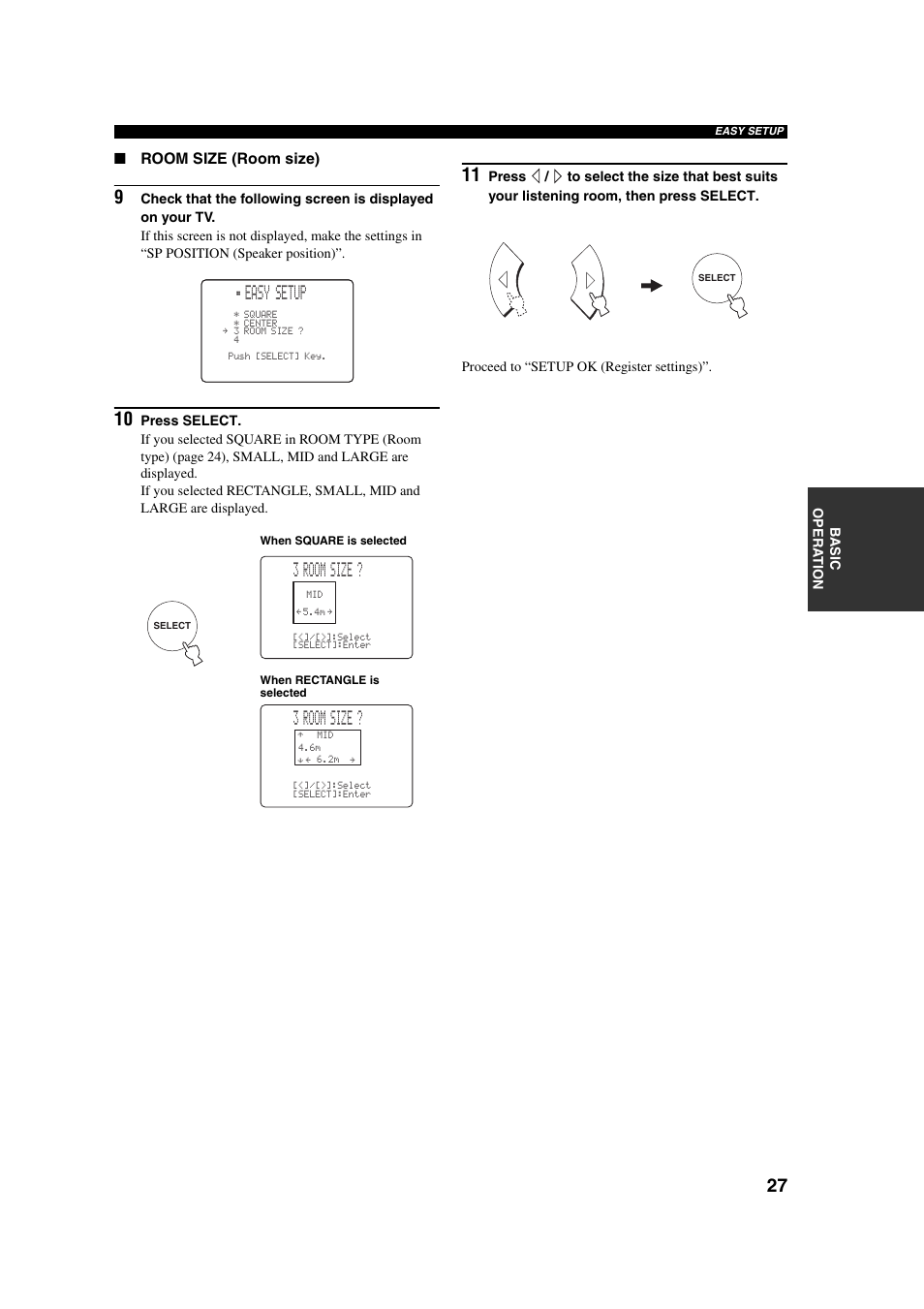 Proceed to “room size (room size), Easy setup, 3 room size | Yamaha YSP-1 User Manual | Page 33 / 70