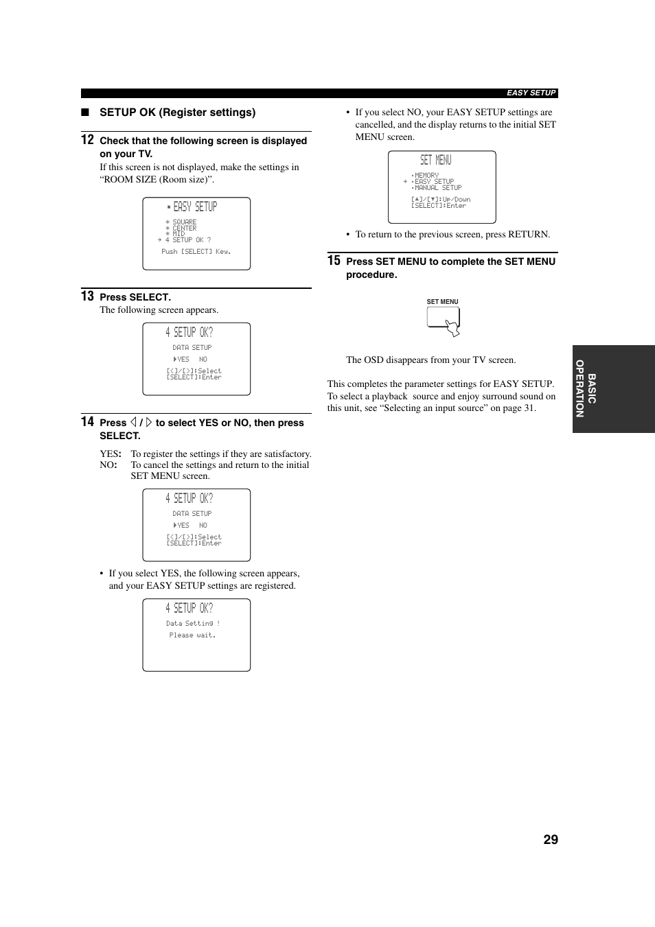 Easy setup, 4 setup ok, Set menu | Yamaha YSP-1 User Manual | Page 35 / 70