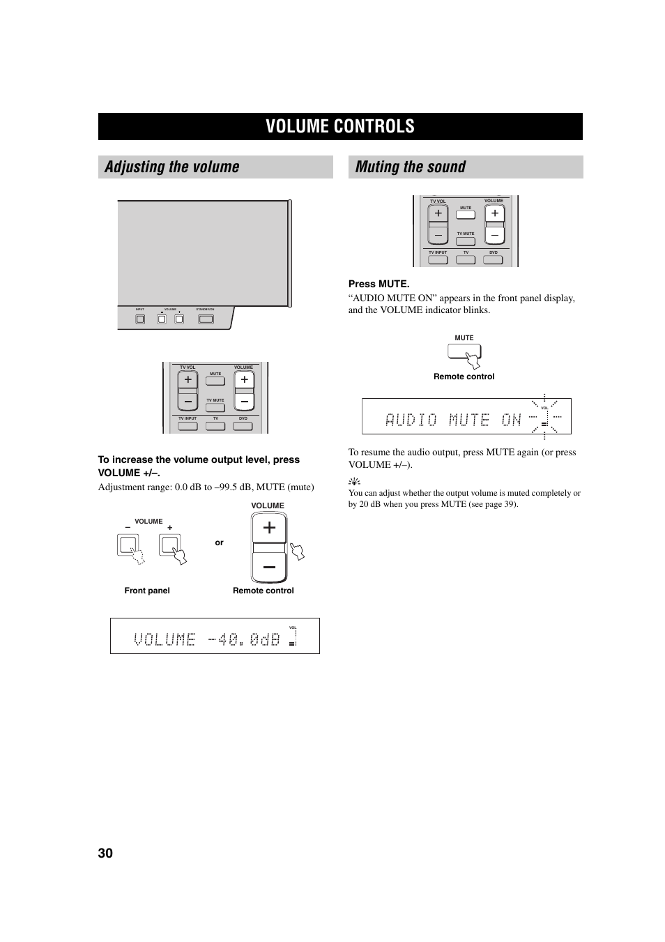 Volume controls, Adjusting the volume, Muting the sound | Yamaha YSP-1 User Manual | Page 36 / 70