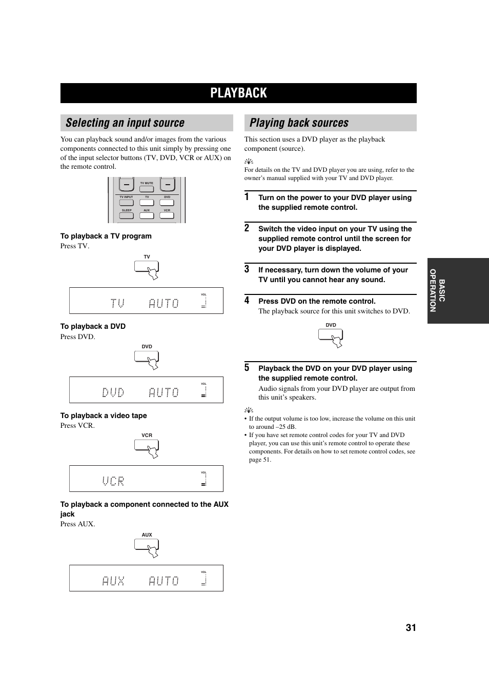 Playback, Selecting an input source, Playing back sources | Yamaha YSP-1 User Manual | Page 37 / 70