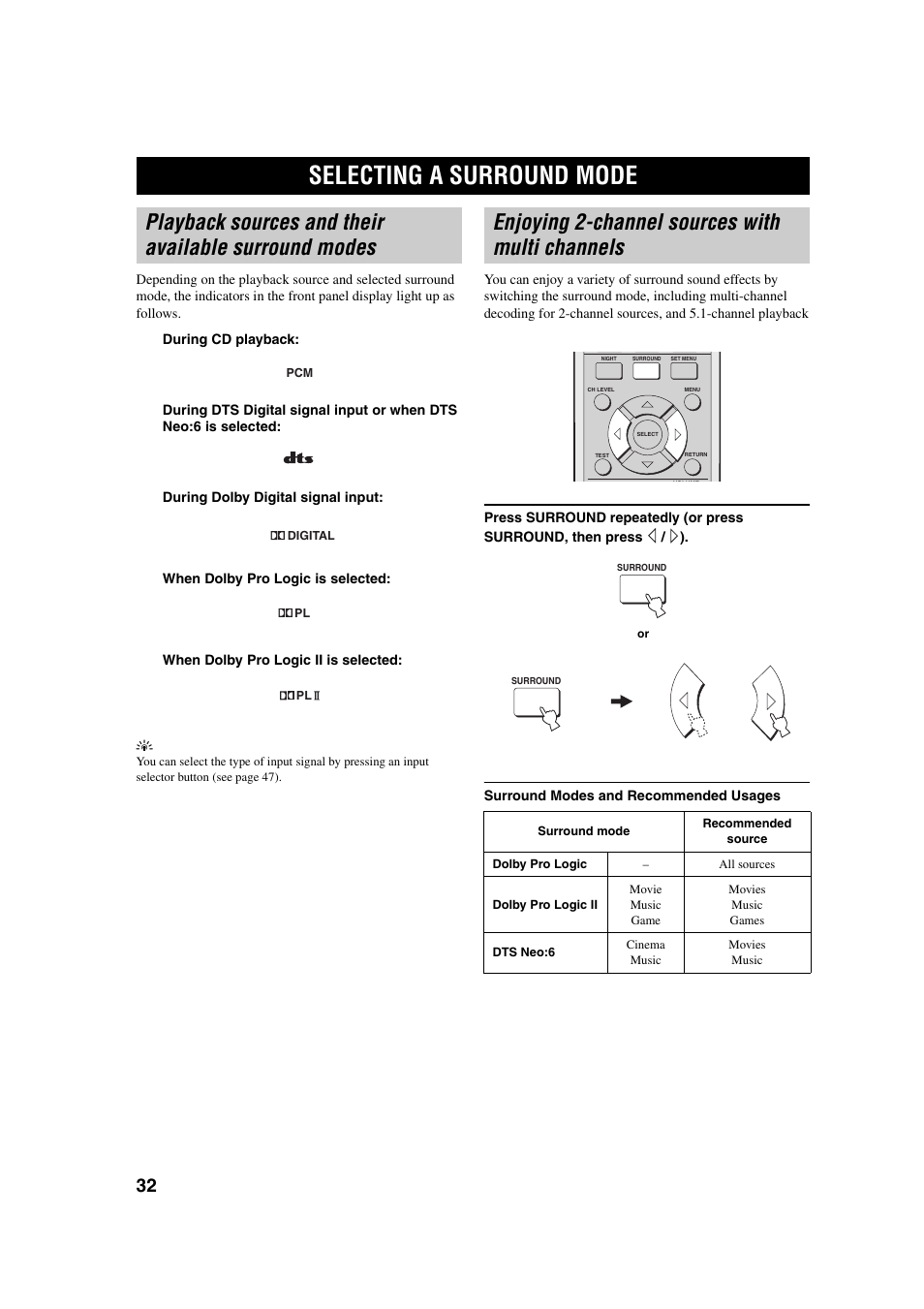 Selecting a surround mode, Enjoying 2-channel sources with multi channels | Yamaha YSP-1 User Manual | Page 38 / 70