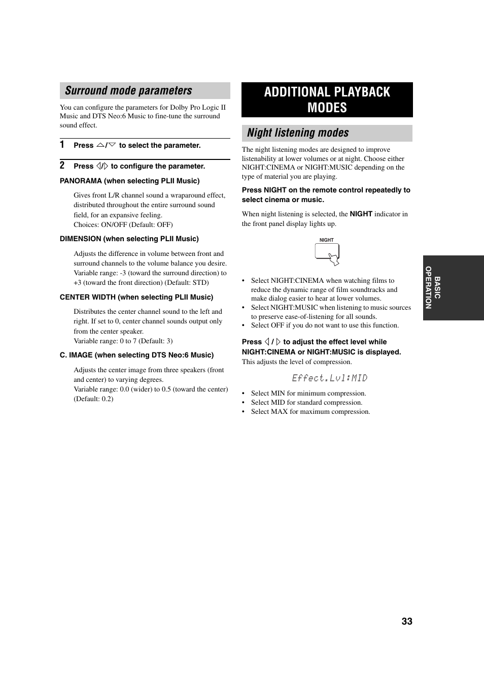 Surround mode parameters, Additional playback modes, Night listening modes | Yamaha YSP-1 User Manual | Page 39 / 70