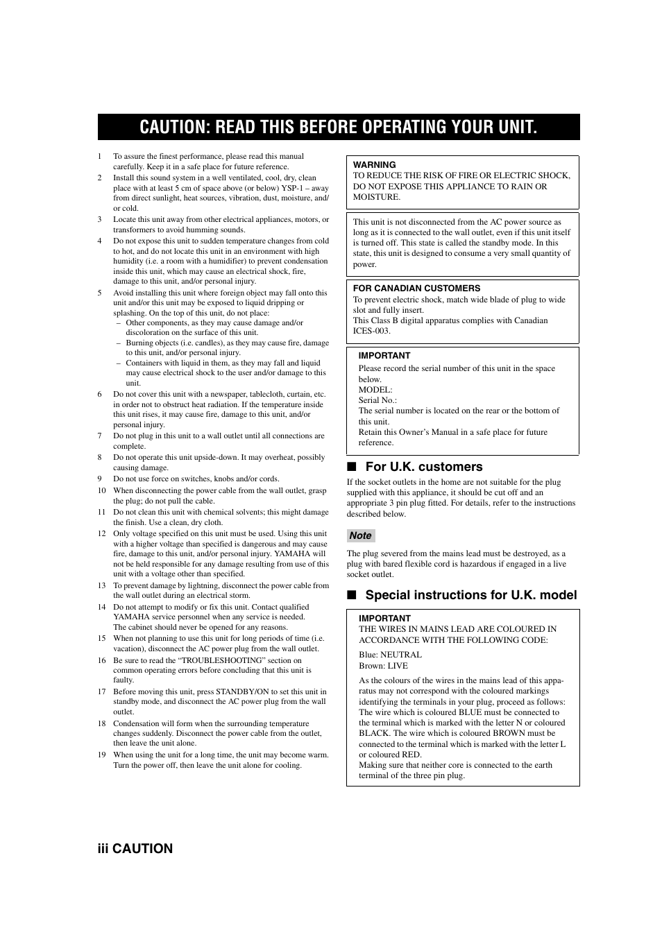 Caution: read this before operating your unit, 9 do not use force on switches, knobs and/or cords, Iii caution | For u.k. customers, Special instructions for u.k. model | Yamaha YSP-1 User Manual | Page 4 / 70