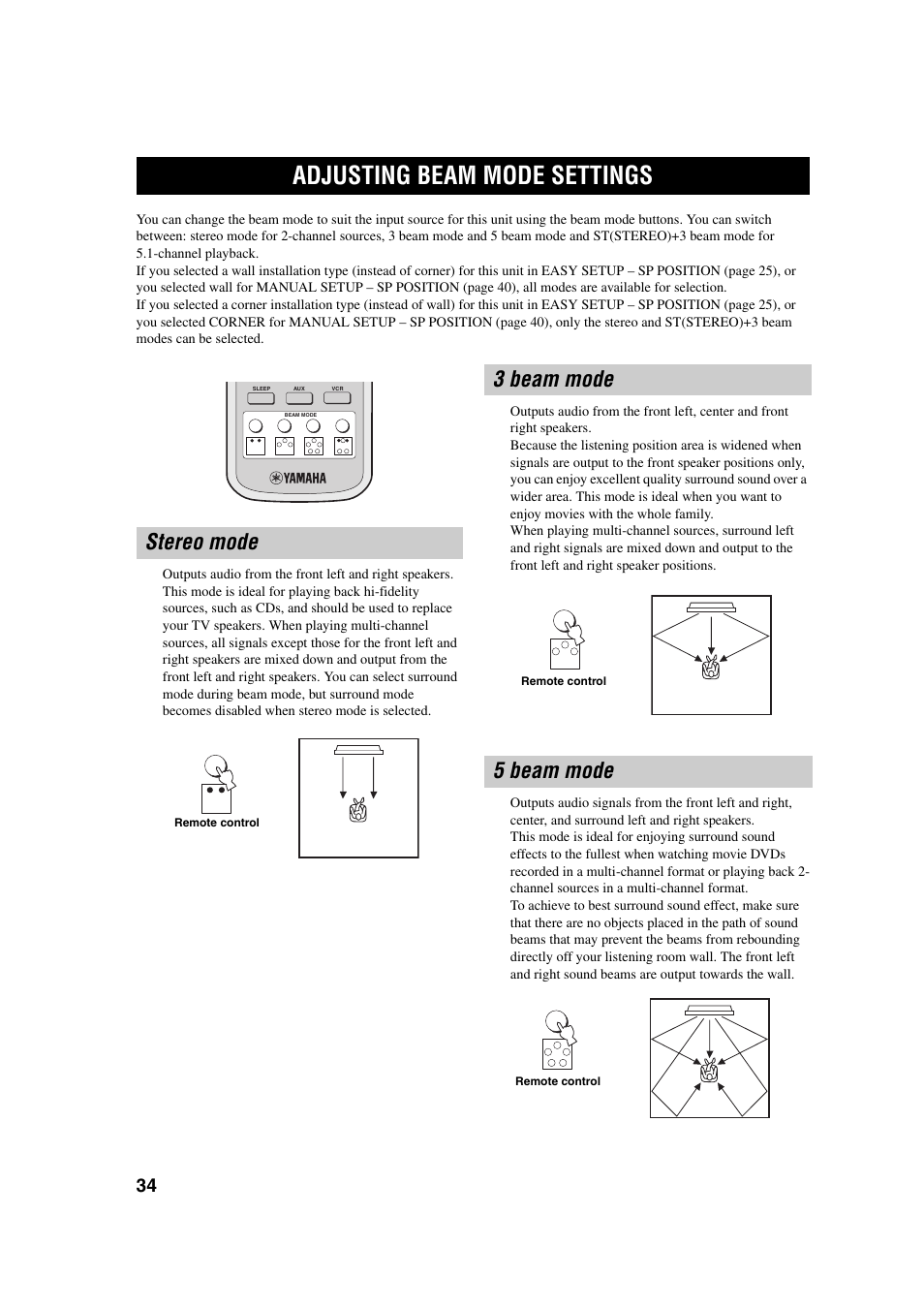 Adjusting beam mode settings, Stereo mode, 3 beam mode | 5 beam mode, 3 beam mode 5 beam mode | Yamaha YSP-1 User Manual | Page 40 / 70