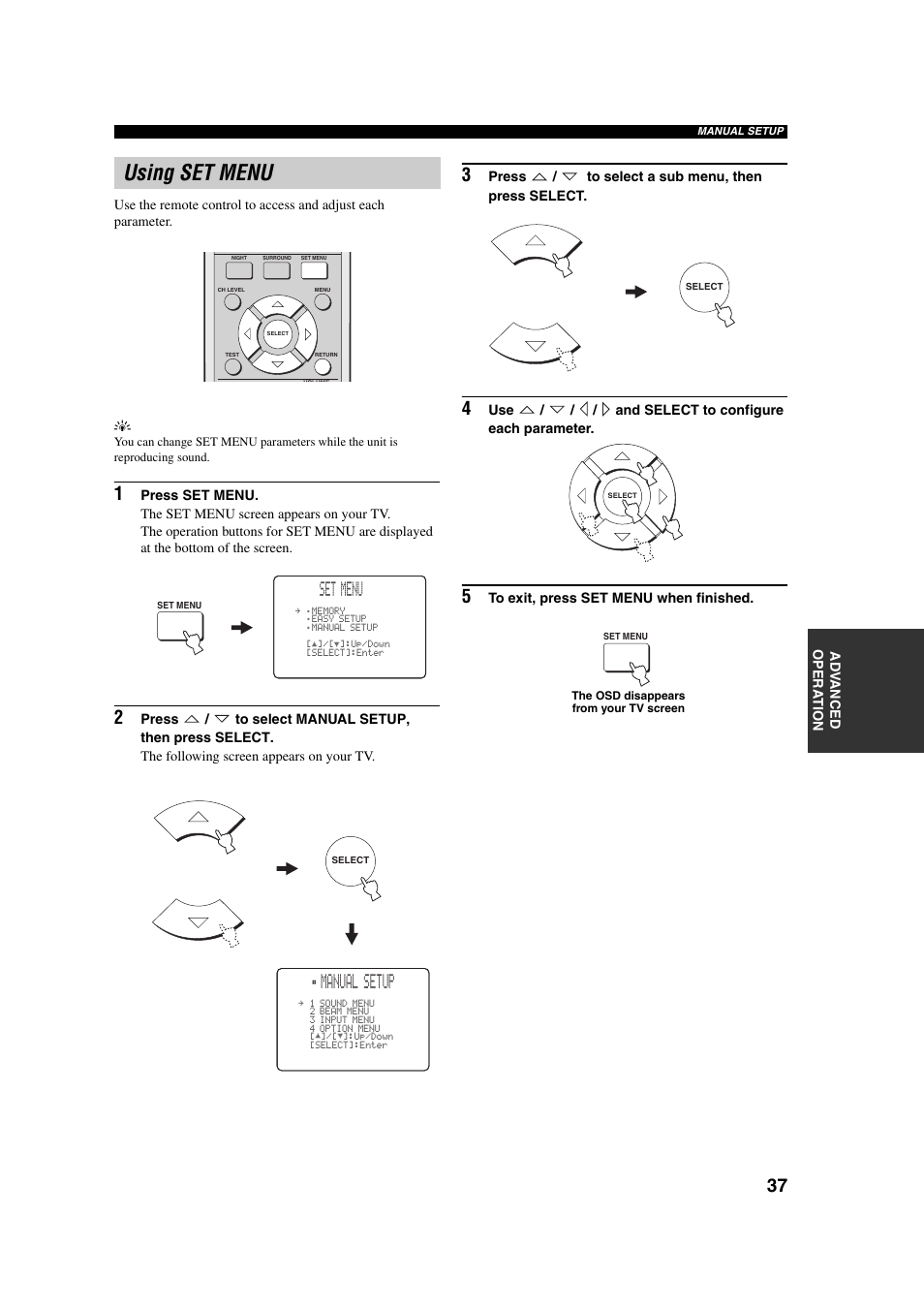 Using set menu, Set menu, Manual setup | Yamaha YSP-1 User Manual | Page 43 / 70