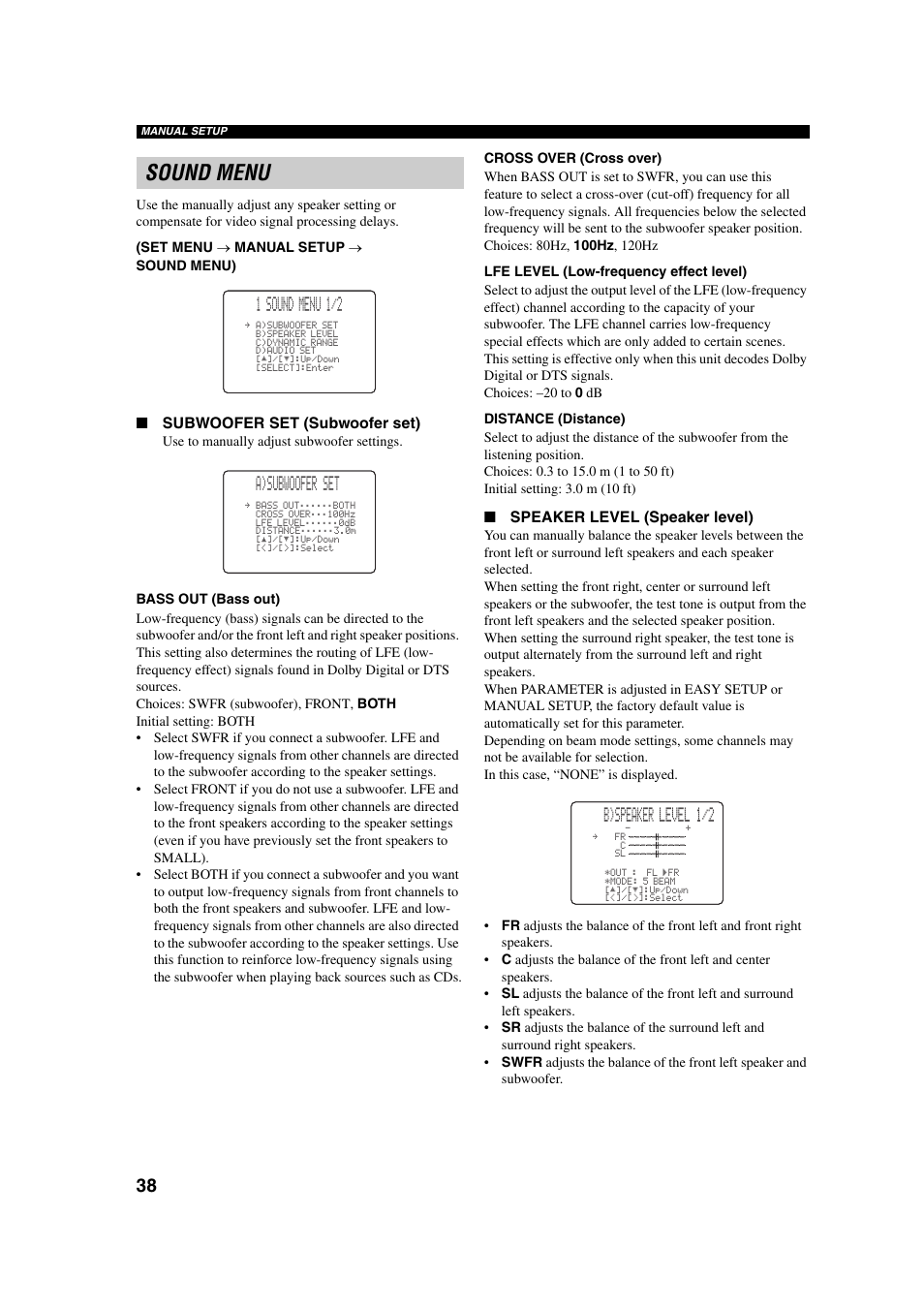 Sound menu, 1 sound menu 1/2, A)subwoofer set | B)speaker level 1/2 | Yamaha YSP-1 User Manual | Page 44 / 70