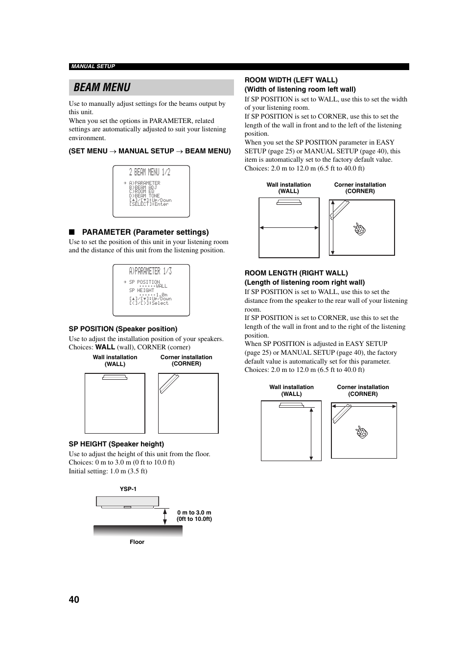 Beam menu, 2 beam menu 1/2, A)parameter 1/3 | Yamaha YSP-1 User Manual | Page 46 / 70