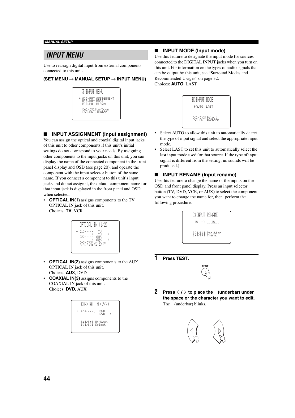 Input menu, 3 input menu, Optical in (1/2) | Coaxial in (2/2), B)input mode, C)input rename | Yamaha YSP-1 User Manual | Page 50 / 70