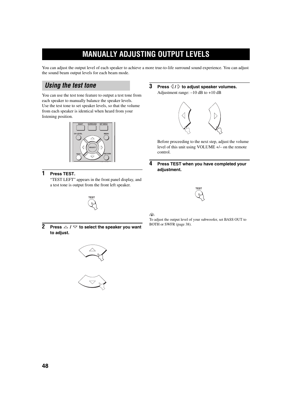 Manually adjusting output levels, Using the test tone | Yamaha YSP-1 User Manual | Page 54 / 70