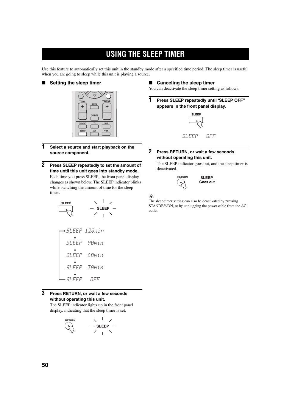 Using the sleep timer, Sleep off | Yamaha YSP-1 User Manual | Page 56 / 70