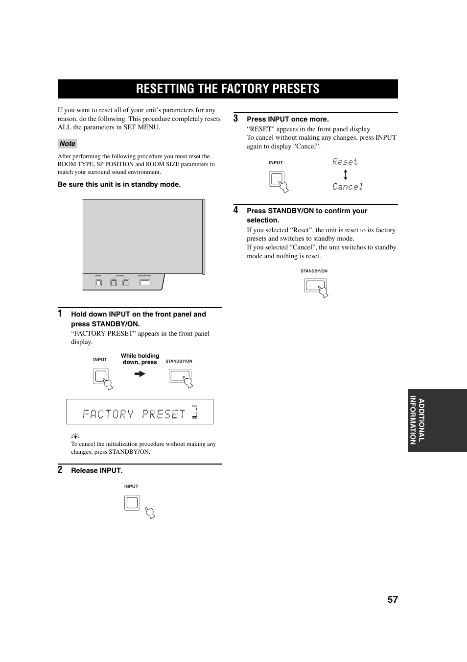 Resetting the factory presets, Reset cancel | Yamaha YSP-1 User Manual | Page 63 / 70