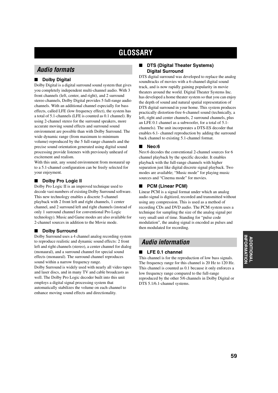 Glossary, Audio formats, Audio information | Audio formats audio information | Yamaha YSP-1 User Manual | Page 65 / 70