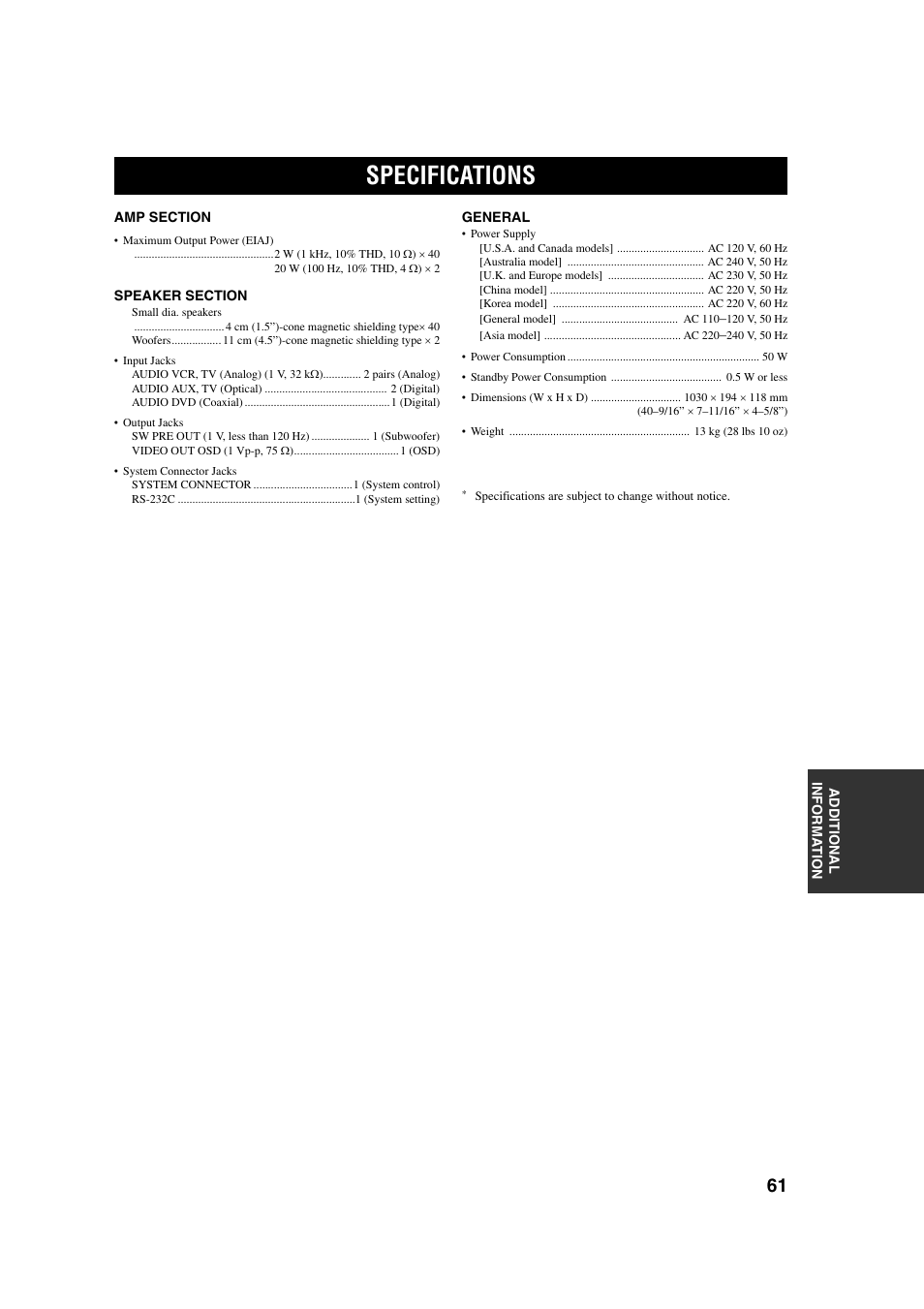 Specifications | Yamaha YSP-1 User Manual | Page 67 / 70