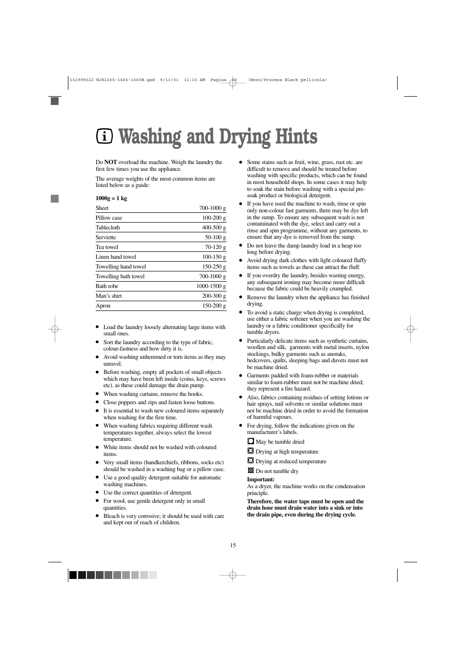 Washing and drying hints | Zanussi WJS 1265 W User Manual | Page 15 / 32