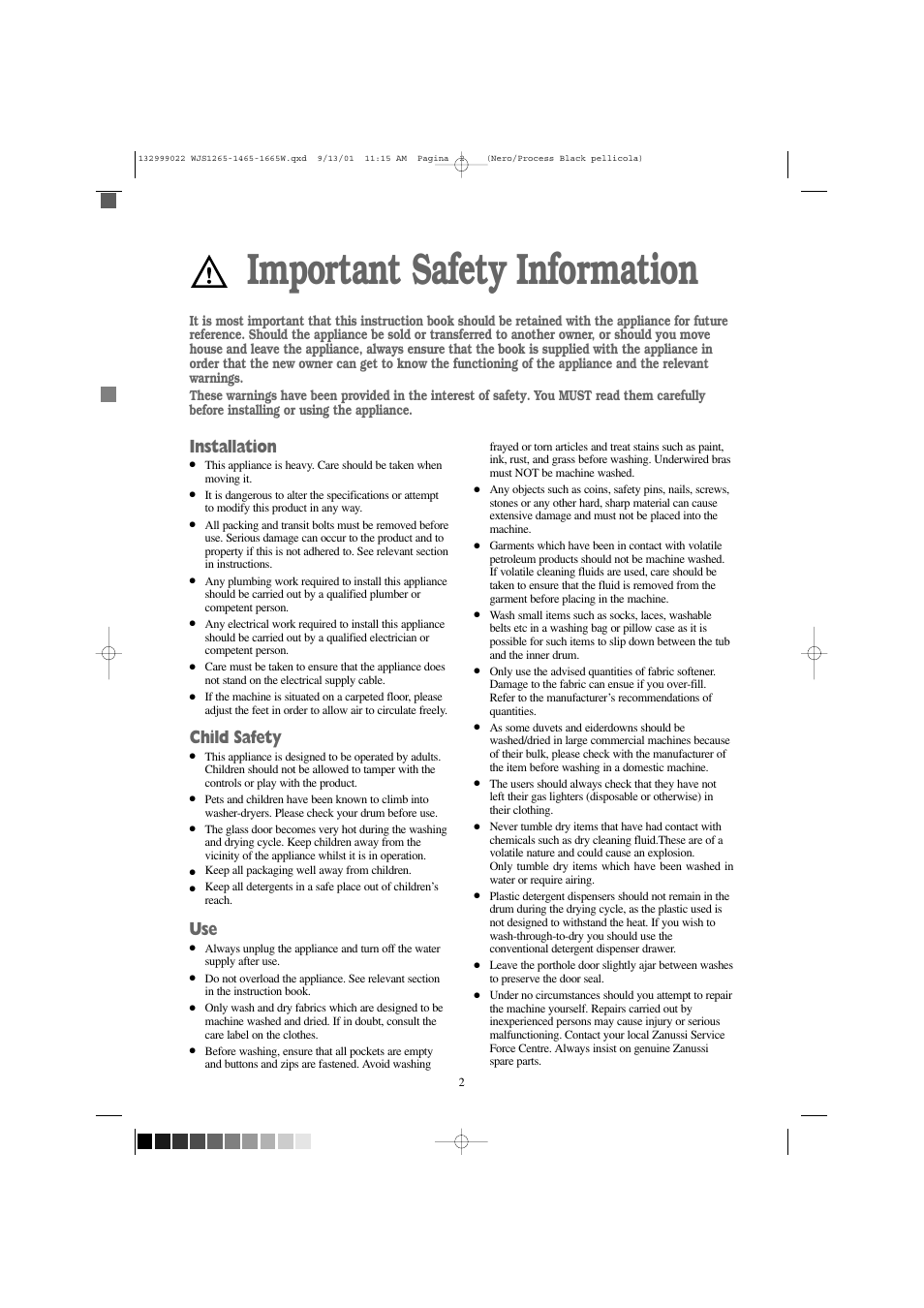 Important safety information, Installation, Child safety | Zanussi WJS 1265 W User Manual | Page 2 / 32