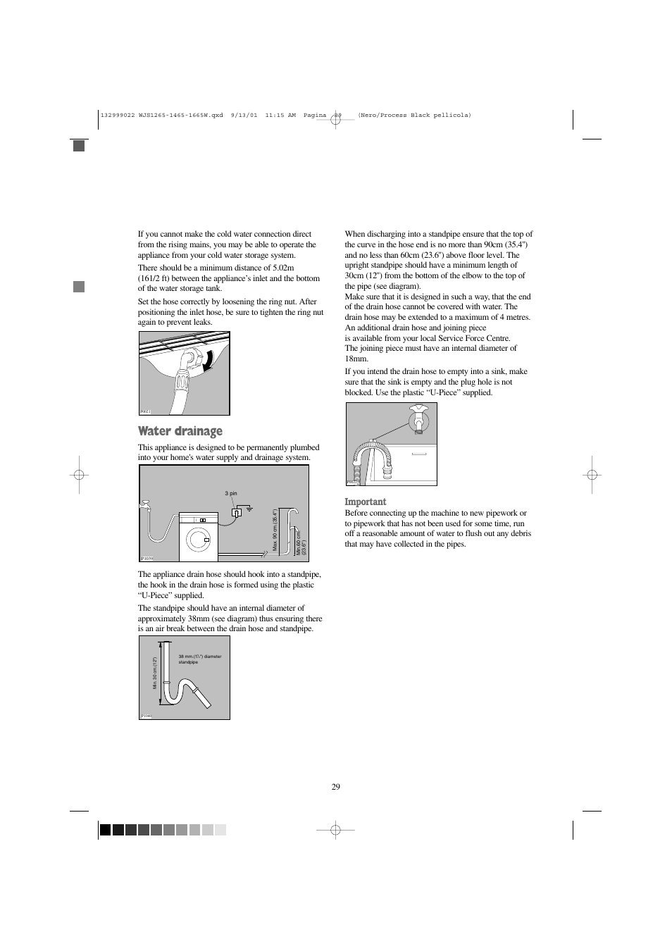 Water drainage, Important | Zanussi WJS 1265 W User Manual | Page 29 / 32