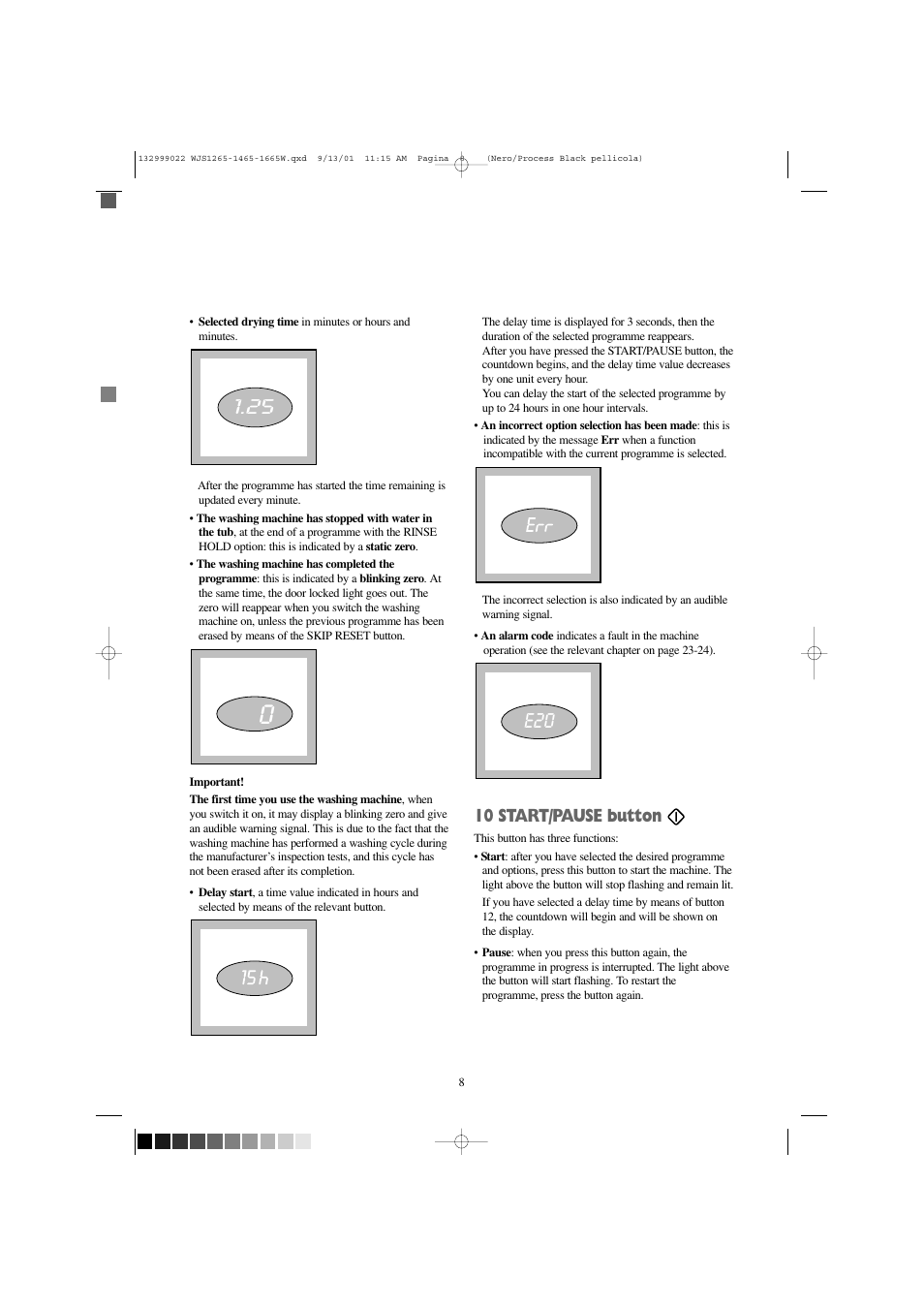 10 start/pause button | Zanussi WJS 1265 W User Manual | Page 8 / 32