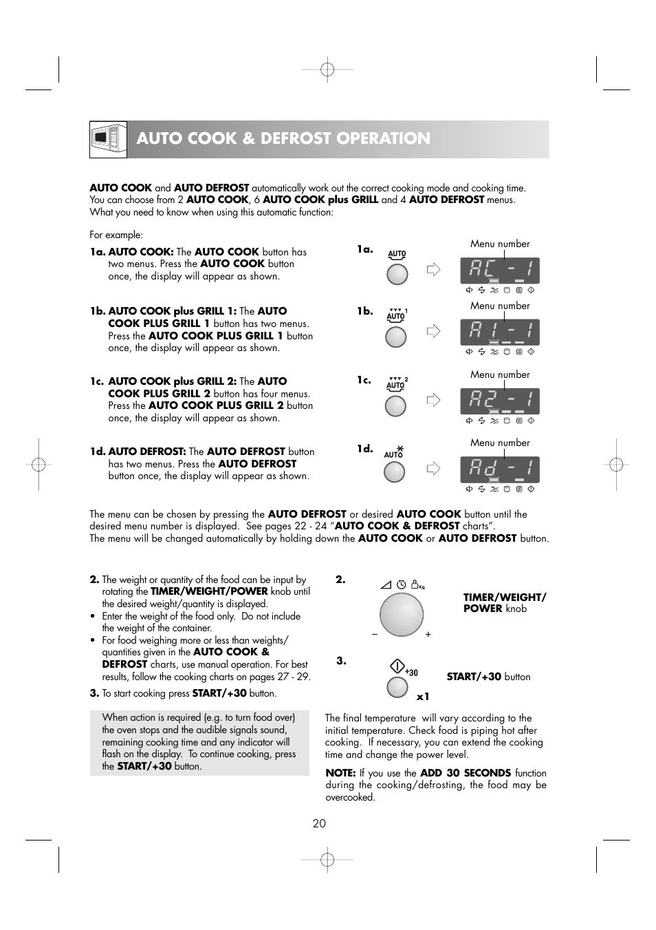 Auto cook & defrost operation | Zanussi ZM266STG User Manual | Page 22 / 56