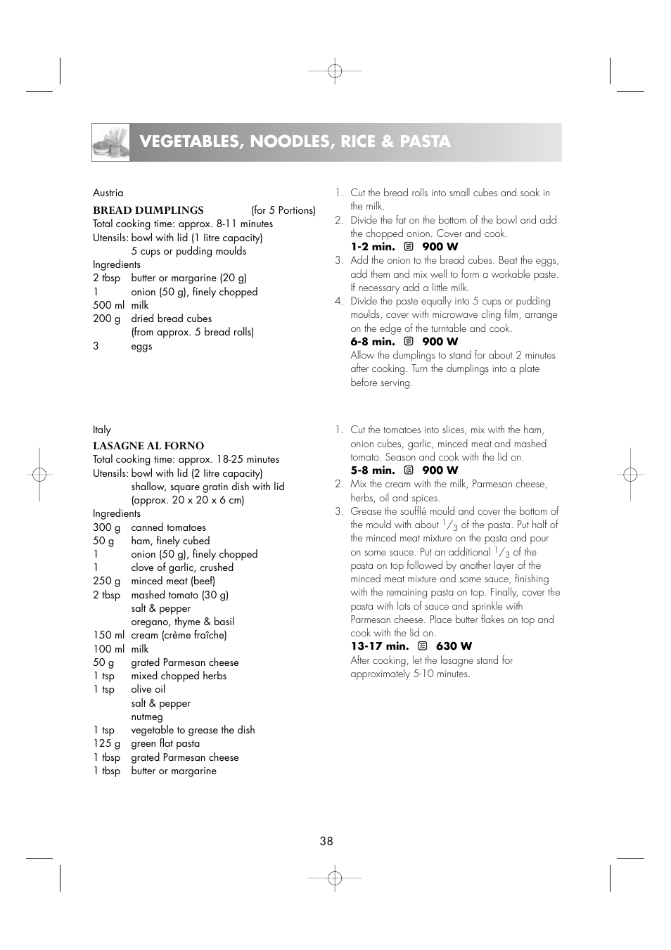 Vegetables, noodles, rice & pasta | Zanussi ZM266STG User Manual | Page 40 / 56