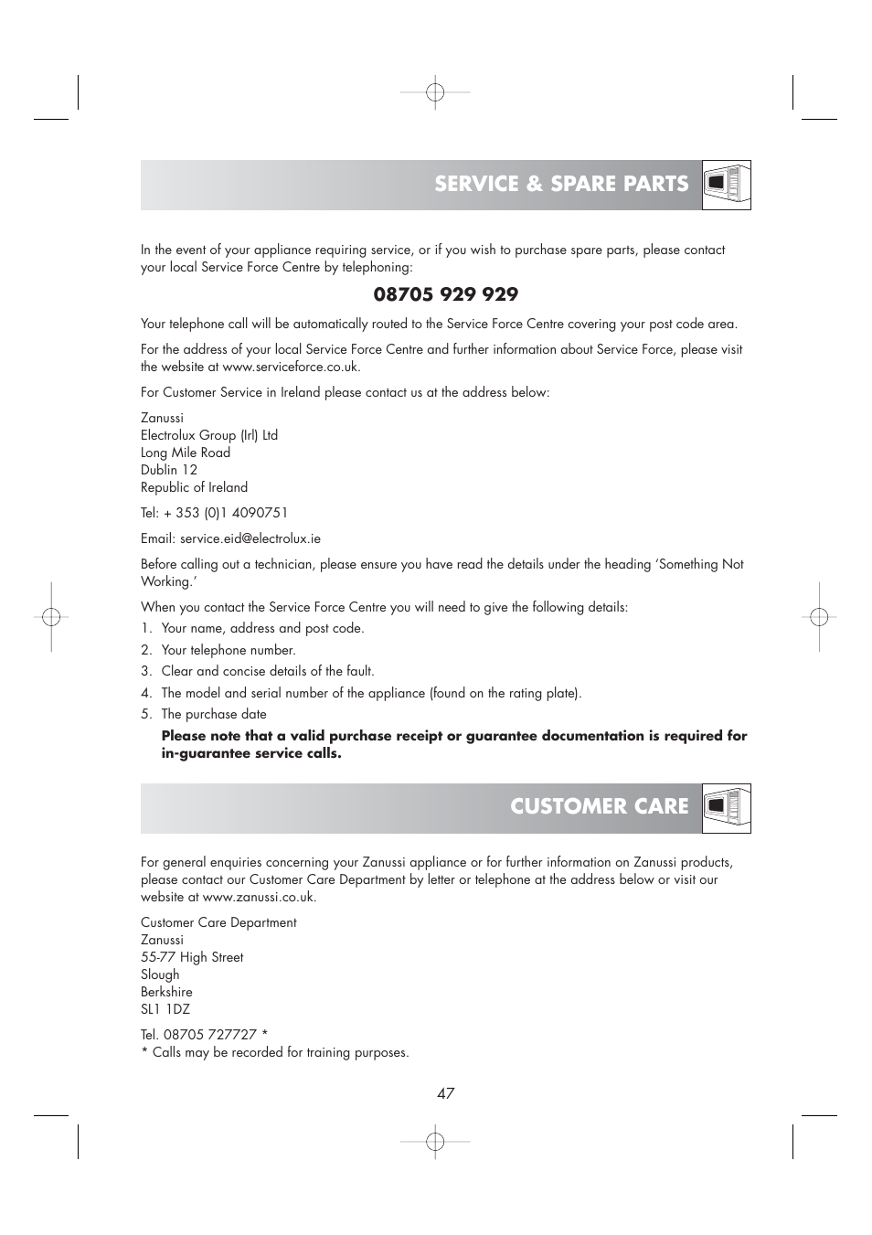 Service & spare parts customer care | Zanussi ZM266STG User Manual | Page 49 / 56