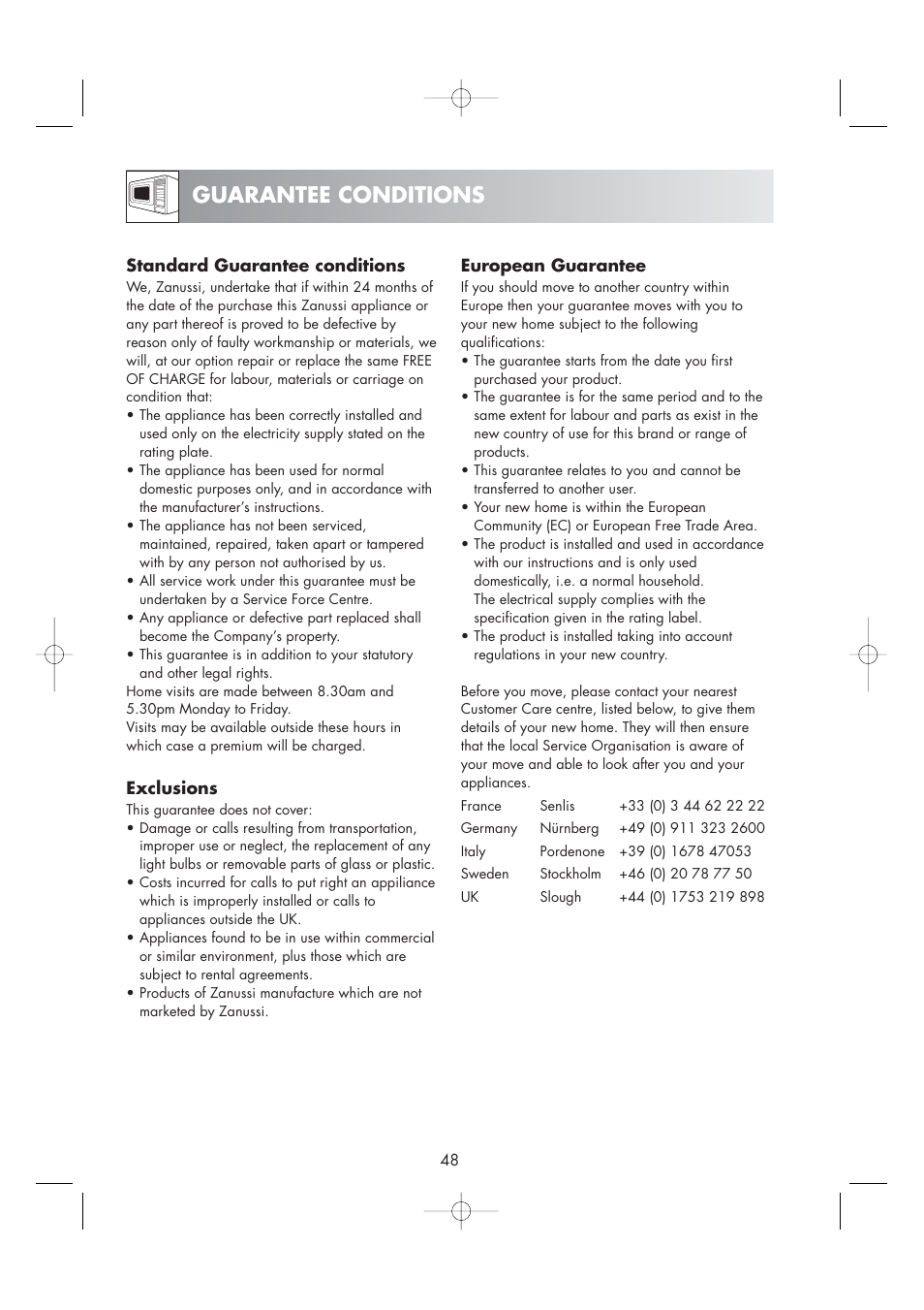 Guarantee conditions | Zanussi ZM266STG User Manual | Page 50 / 56