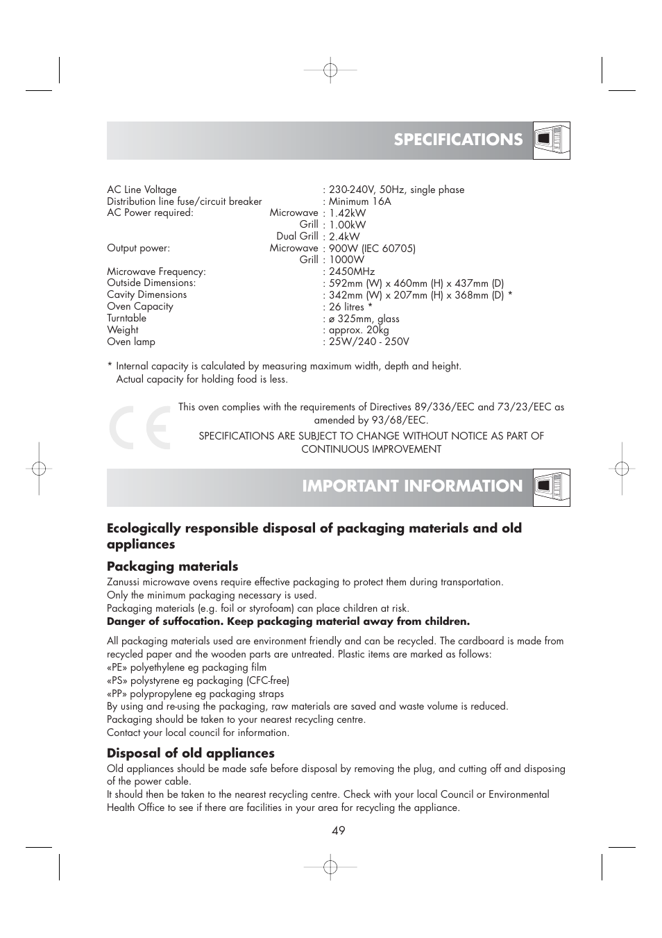 Specifications important information | Zanussi ZM266STG User Manual | Page 51 / 56