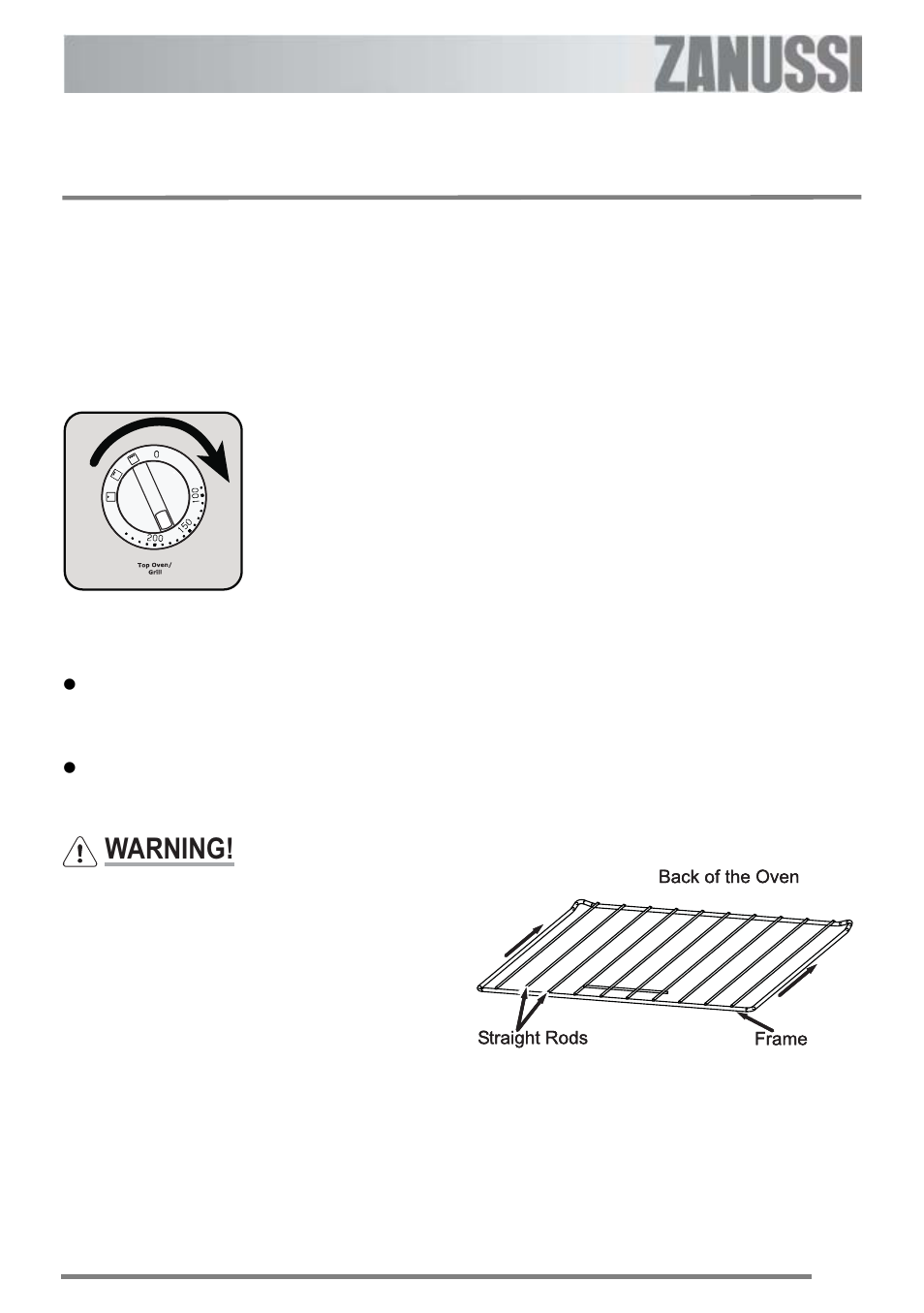 The top oven, Using the top oven, Warning | Zanussi ZKC 6000W User Manual | Page 12 / 32