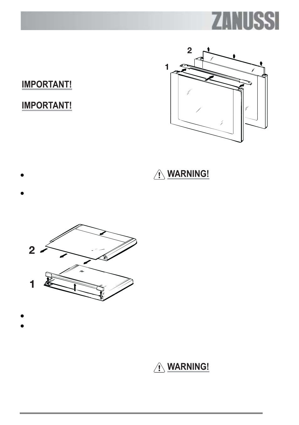 Cleaning between the outer and inner door glass, Important, Warning | Zanussi ZKC 6000W User Manual | Page 25 / 32