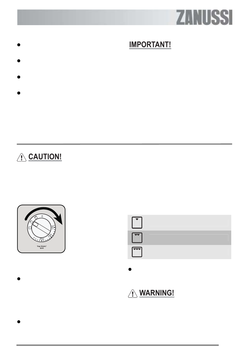 The grill, Using the grill, Important | Caution, Warning | Zanussi ZKC 6000W User Manual | Page 9 / 32