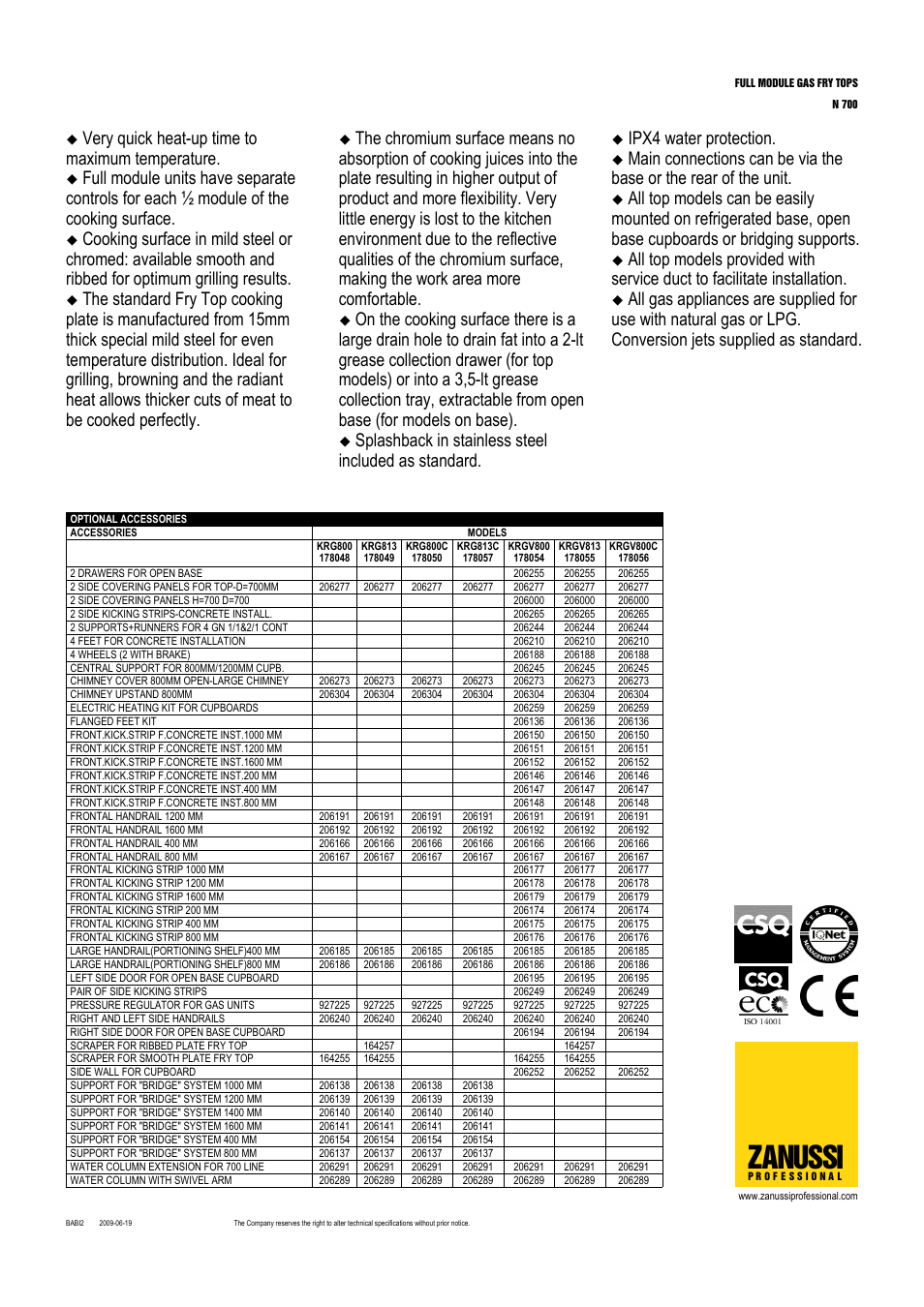 Zanussi, Very quick heat-up time to maximum temperature, Splashback in stainless steel included as standard | Ipx4 water protection | Zanussi KRGV800 User Manual | Page 2 / 4