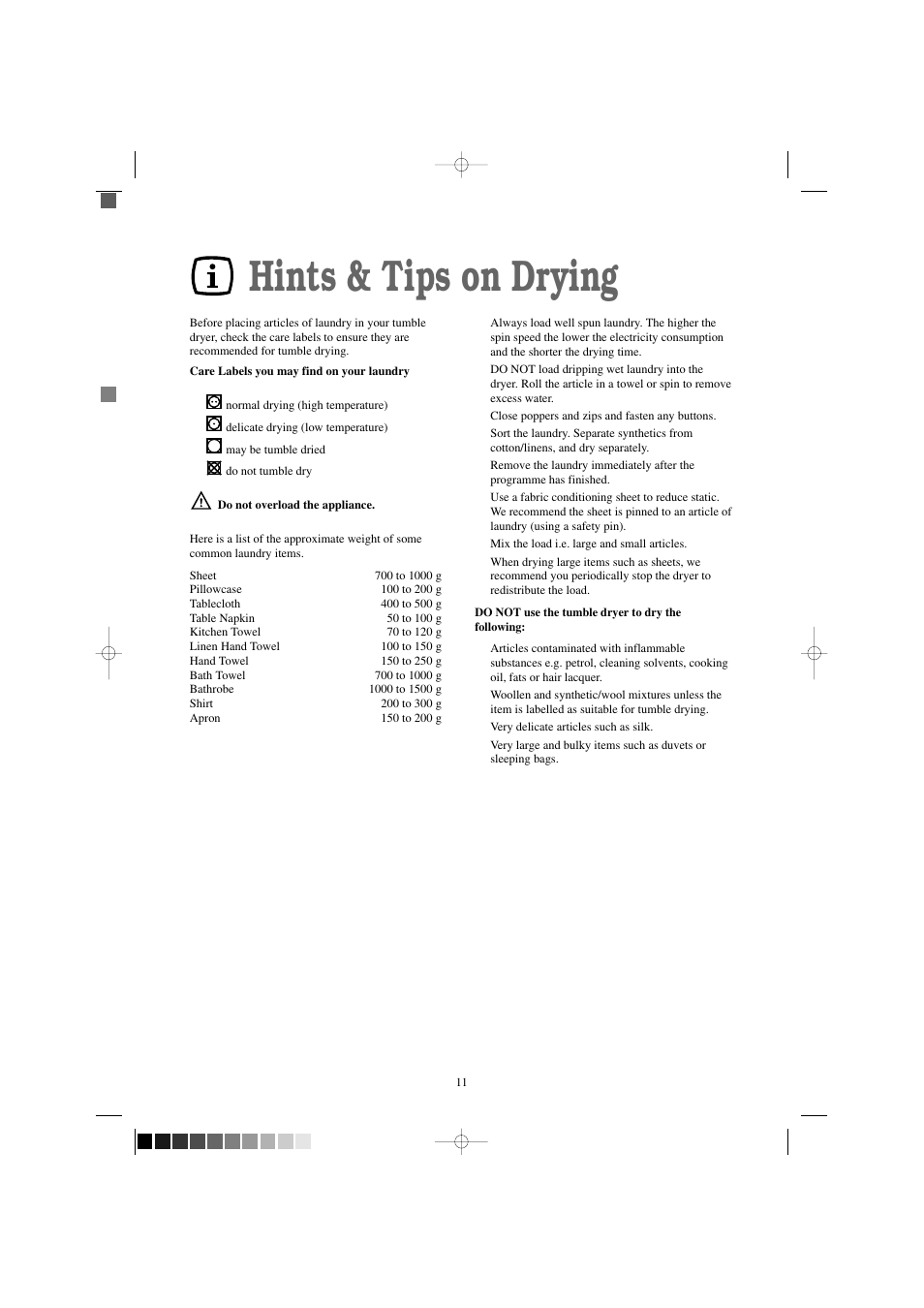 Hints & tips on drying | Zanussi TDE 4234 W User Manual | Page 11 / 19