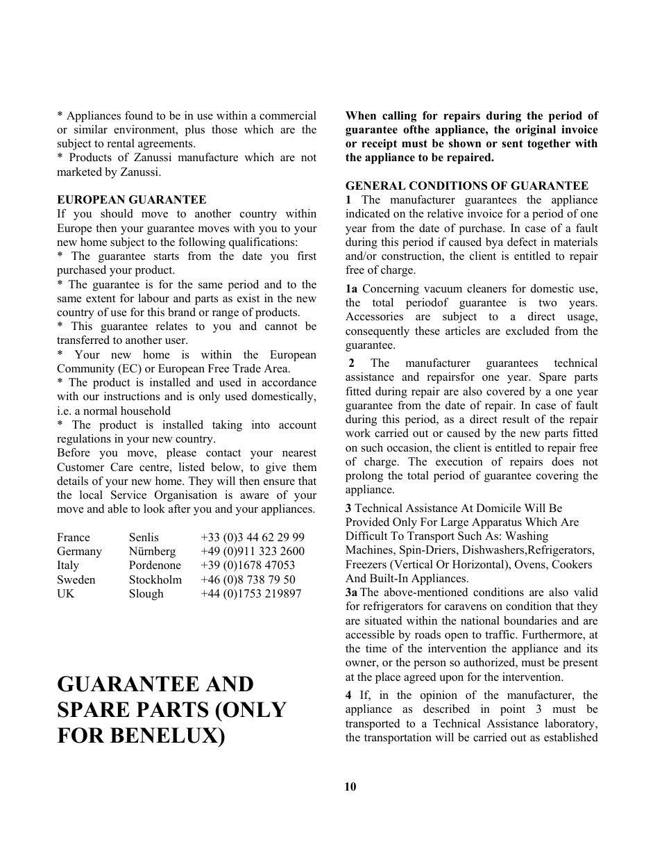 Guarantee and spare parts (only for benelux) | Zanussi ZCOF636X User Manual | Page 11 / 24