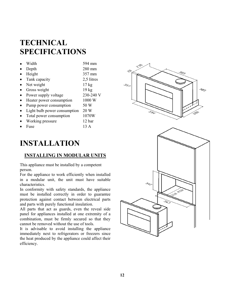 Technical specifications, Installation | Zanussi ZCOF636X User Manual | Page 13 / 24