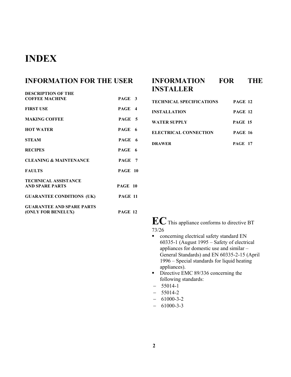 Index, Information for the user, Information for the installer | Zanussi ZCOF636X User Manual | Page 3 / 24