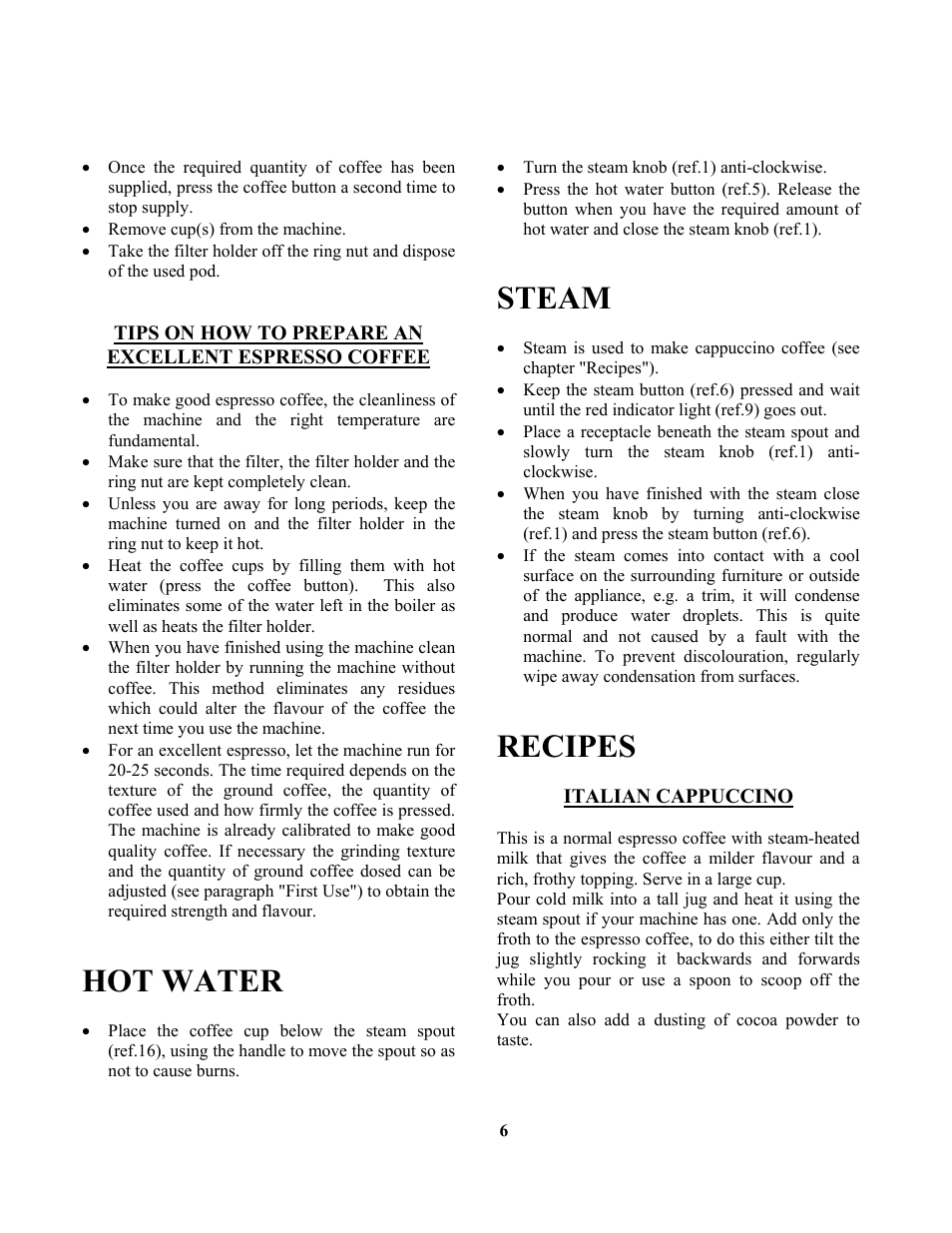 Hot water, Steam, Recipes | Zanussi ZCOF636X User Manual | Page 7 / 24