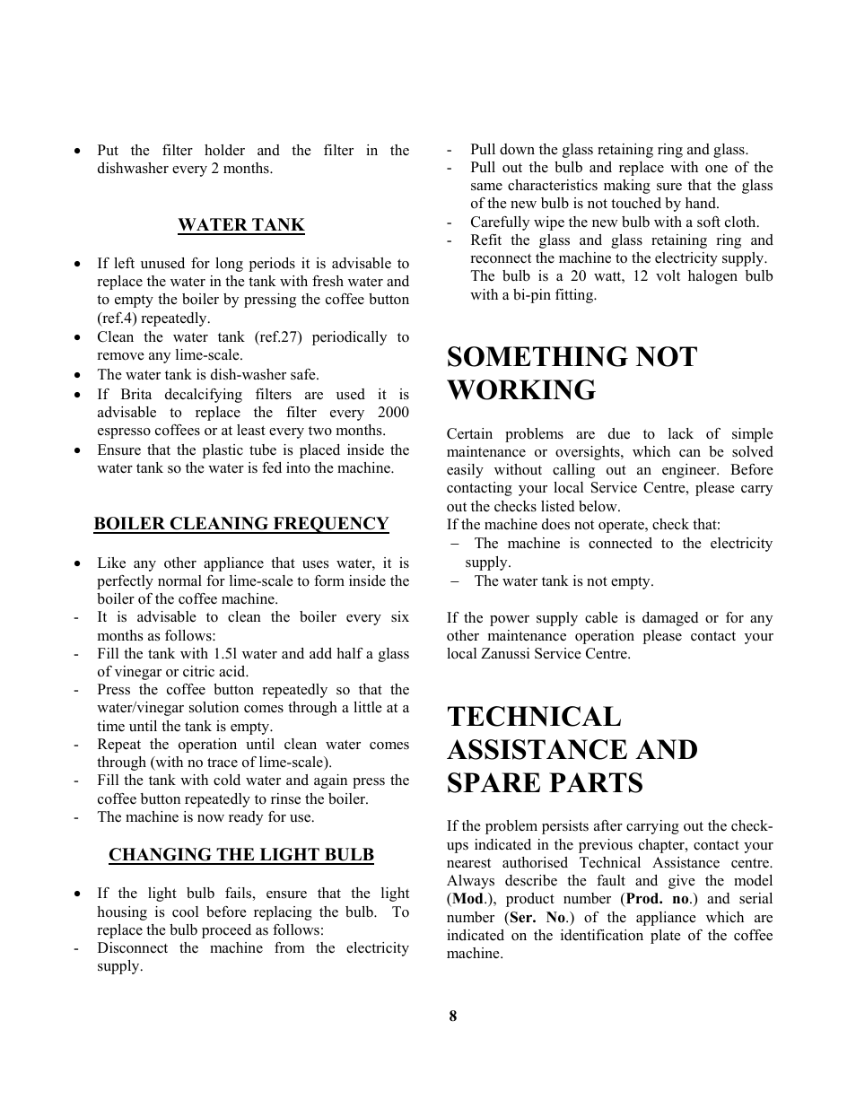 Something not working, Technical assistance and spare parts | Zanussi ZCOF636X User Manual | Page 9 / 24